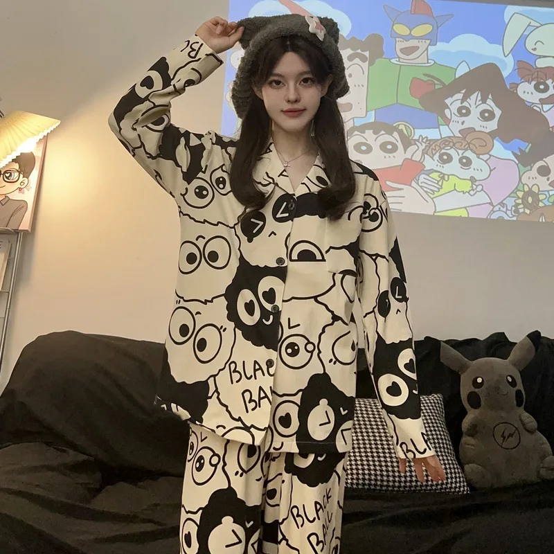 Couple Pajamas Cartoon Cinderblock Men\'s Summer and Fall Long-sleeved Set of Large Size Homewear Suit Can Be Worn Outside Suit