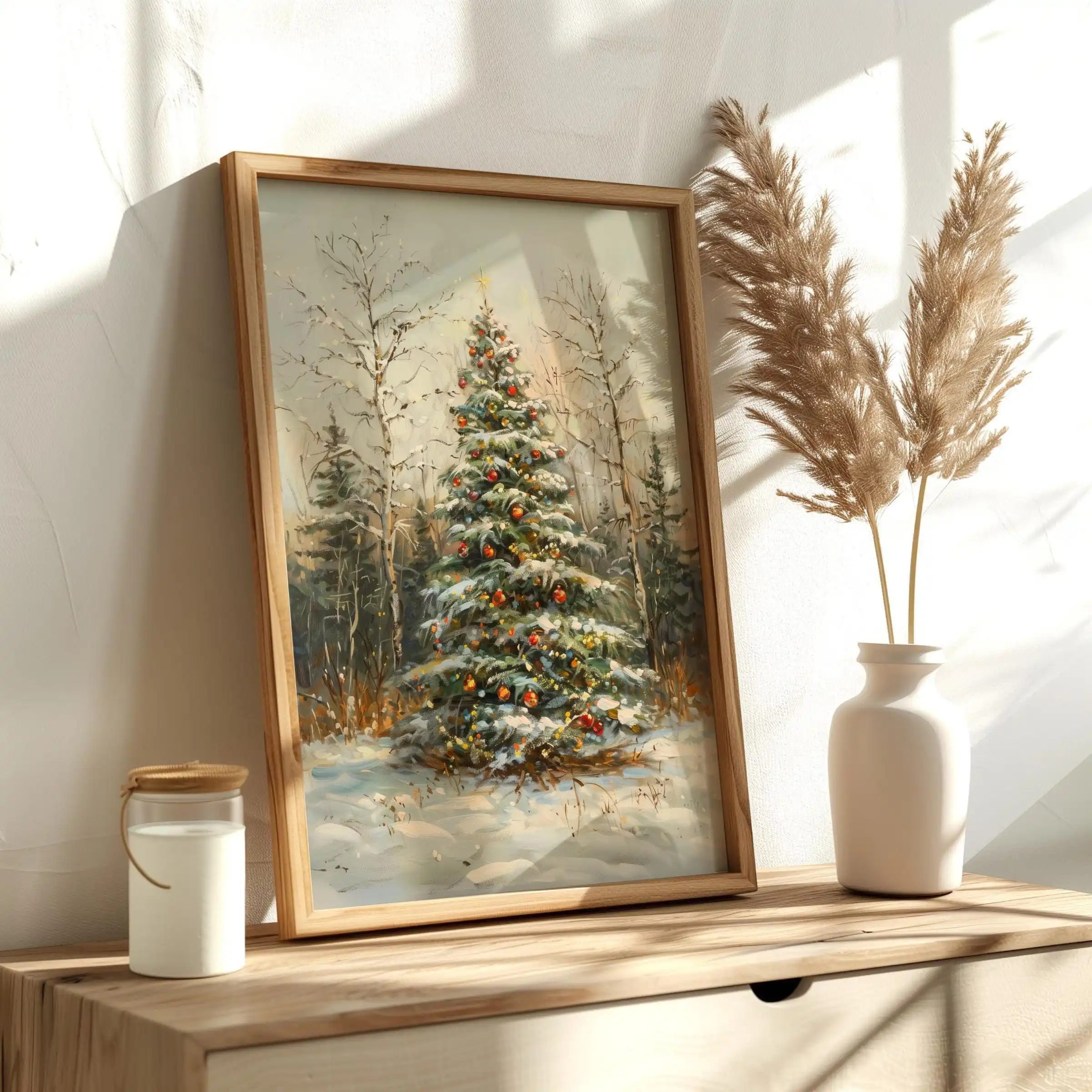 1pc frameless,Vintage Christmas Tree Canvas Poster - Snowy Pine Tree Wall Art Poster Christmas Winter Forest Poster for Living R