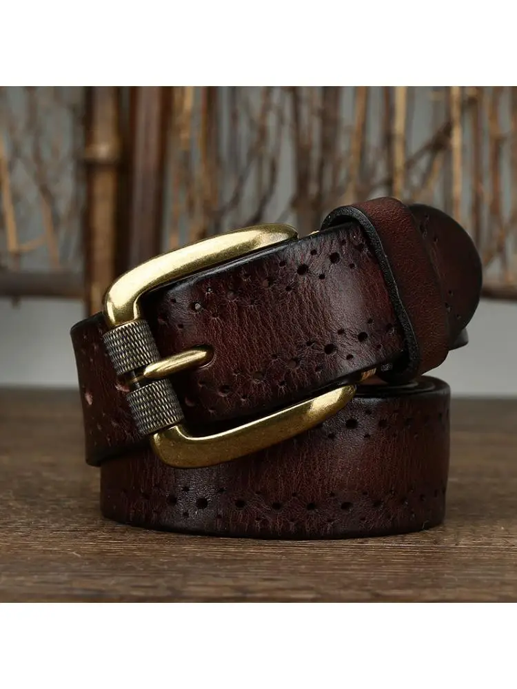3.8CM High Quality Men Cowhide Belt New Vintage Fashion Personality Trend Hollow Head Layer Buckle Pin Jeans Retro Made Copper