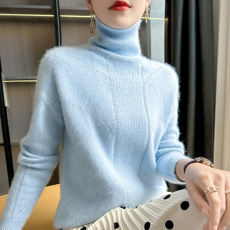 Fall/Winter Thick 100%Pure Mink Cashmere Sweater Women High Lapel Knit Pullover Wild Warm Solid Color Shirt Fashion Korean Tops