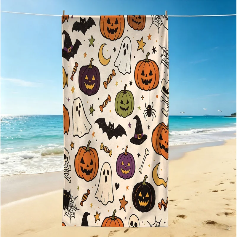 Halloween Microfiber Beach Towel,Lightweight,Portable,Skin-Friendly,Ultra-Soft,Cute Cartoon Pumpkin Ghost Print,Ideal Gift