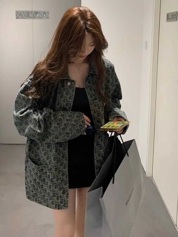 アメリカンハイストリートレトロデニムジャケットレディース新デザイン春秋万能プリントジャケットトップルーズフィットロングスリーブ