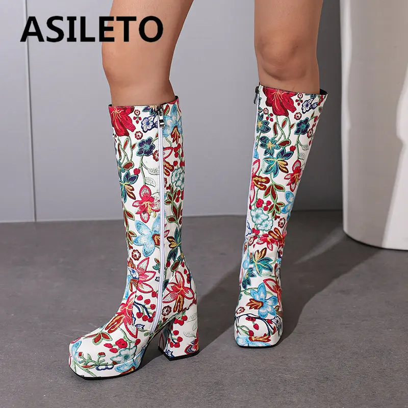 ASILETO Fashion Women Boots Square Toe Block Heels 8cm Platform Flower Zipper Leisure Shoes Big Size 47 48 Knee High Bota 33