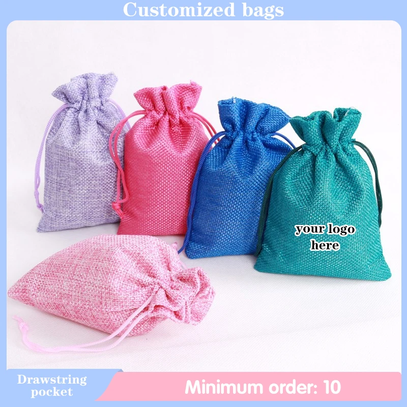 Customized Printed Logo Colorful Drawstring Linen Bundle Pocket Halloween Candy Accessories Jewelry Storage Imitation Linen Bag