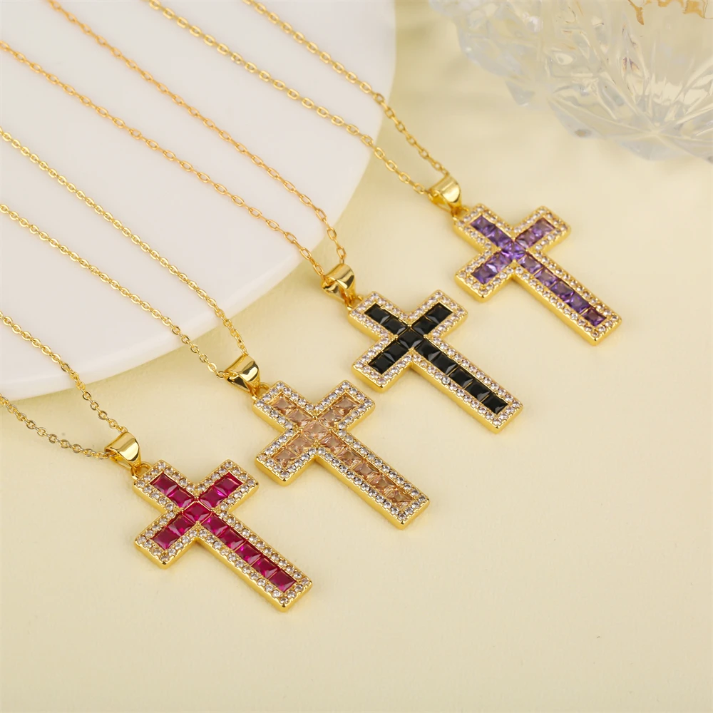 18K Copper Gold Plated White Zirconia Cross Pendant Charm Necklace for Women Fashion Necklace Jewelry Accessories Gift