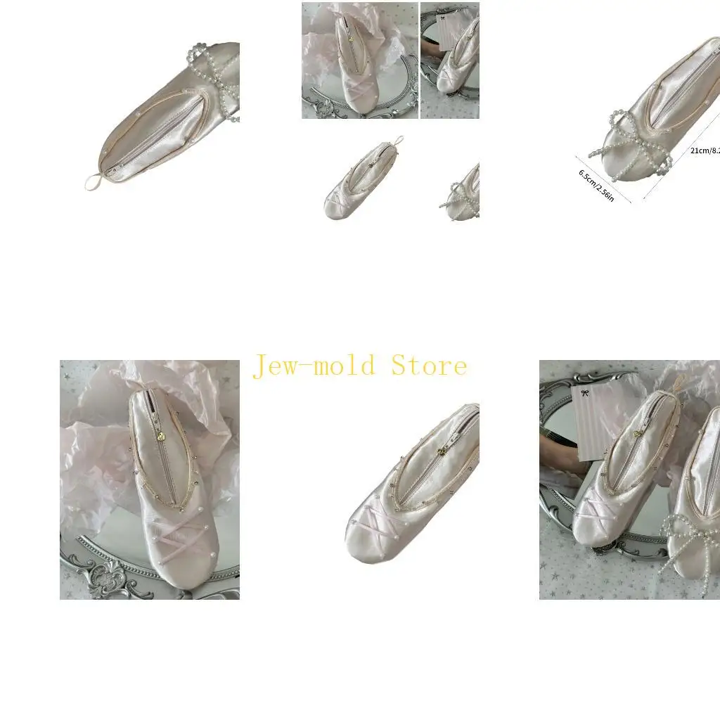 

C71B Ballet Shoe Shaped Makeup Bag With Zipper Star Accents Spacious Satins Cosmetic For Travel Jewelry Storage