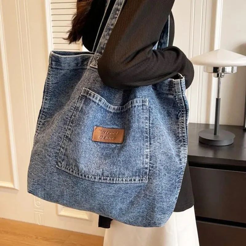 Denim Fabric Handbag Soft Portable Lady Chic Tote Bags Washed Denim Casual Women\'s Denim Bag Crossbody Bag