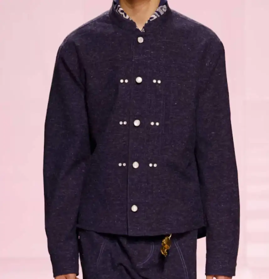 

Men Dark Navy Mandarin Collar Jacket Double Row Decorative Buttons Loose Fit Fashion Show Casual Stand Collar Outer Coat
