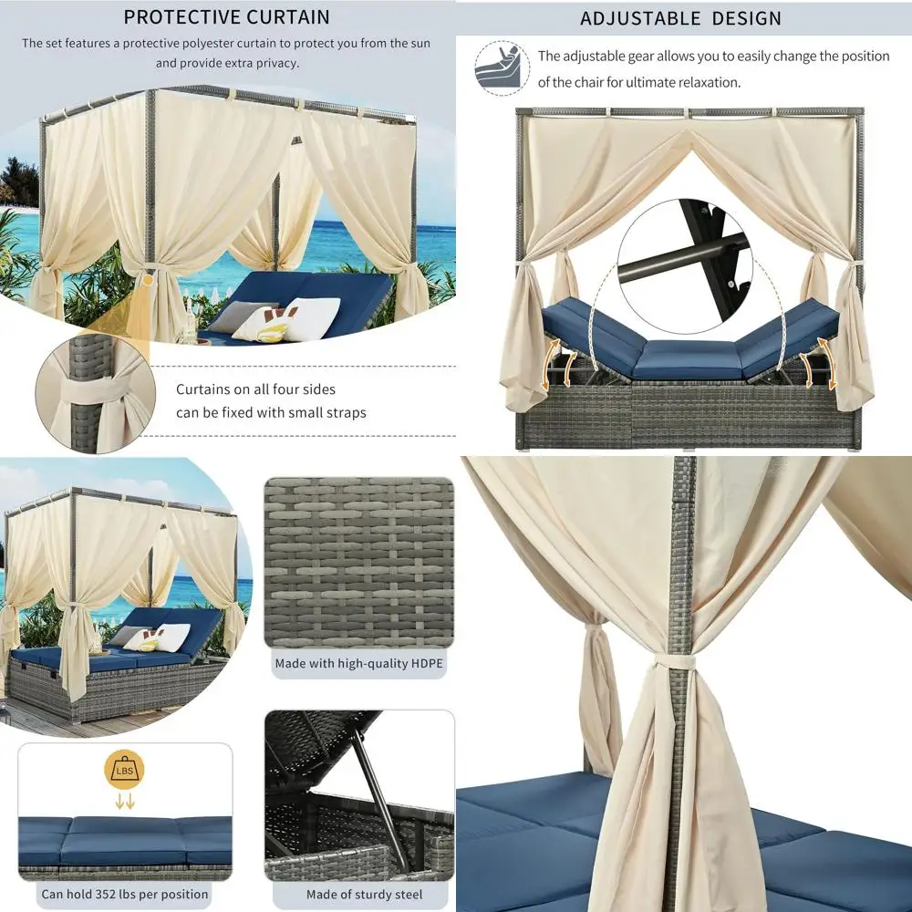 

Patio Chaise Lounge, Gray PE Rattan Outdoor Patio Wicker Sunbed Daybed with Adjustable Seats, our-sided , OverCurtain and Blue C