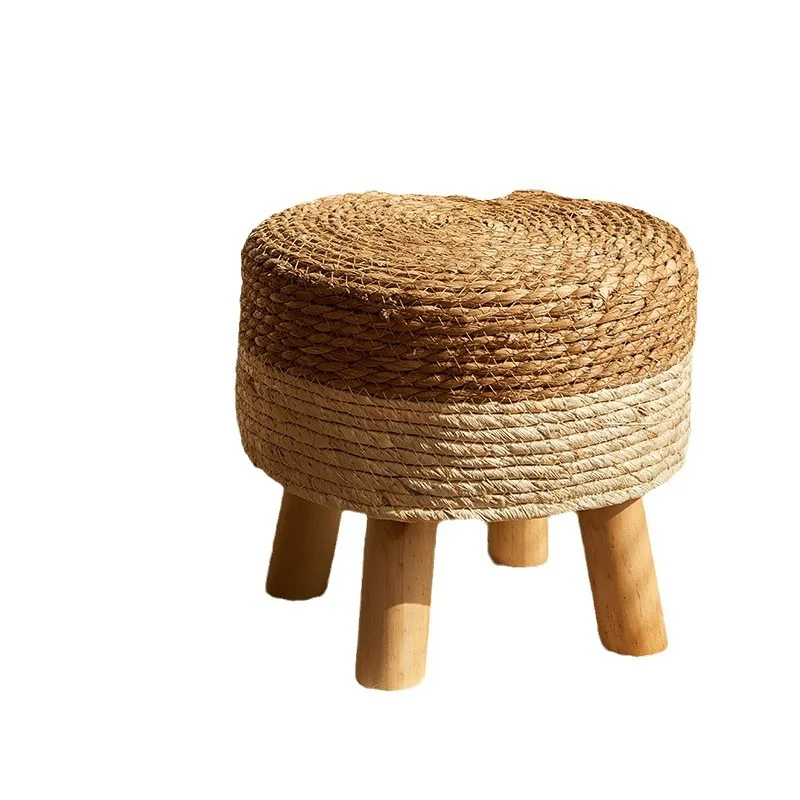 Petit tabouret rond créatif en herbe tressée, avec coussin d'assise épaissi, banc en bois rustique bas pour changer de chaussures