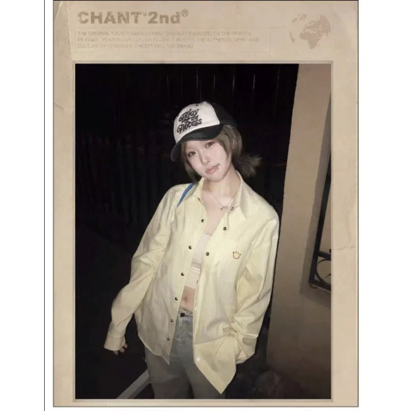 Smiley Face Embroidered Striped Shirt Women's Top Loose Korean Style Coat Long-sleeved