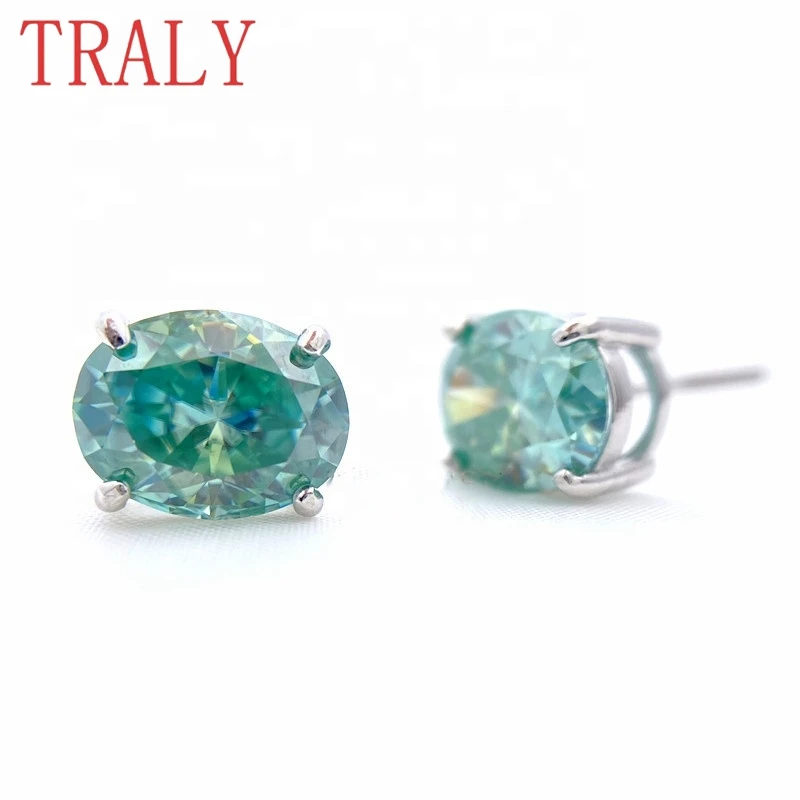 925 Sterling Silver Screw Back Moissanite Earring for Women Blue Green Oval Cut Hip-hop Studs Earrings Luxury Jewelry Party Gift