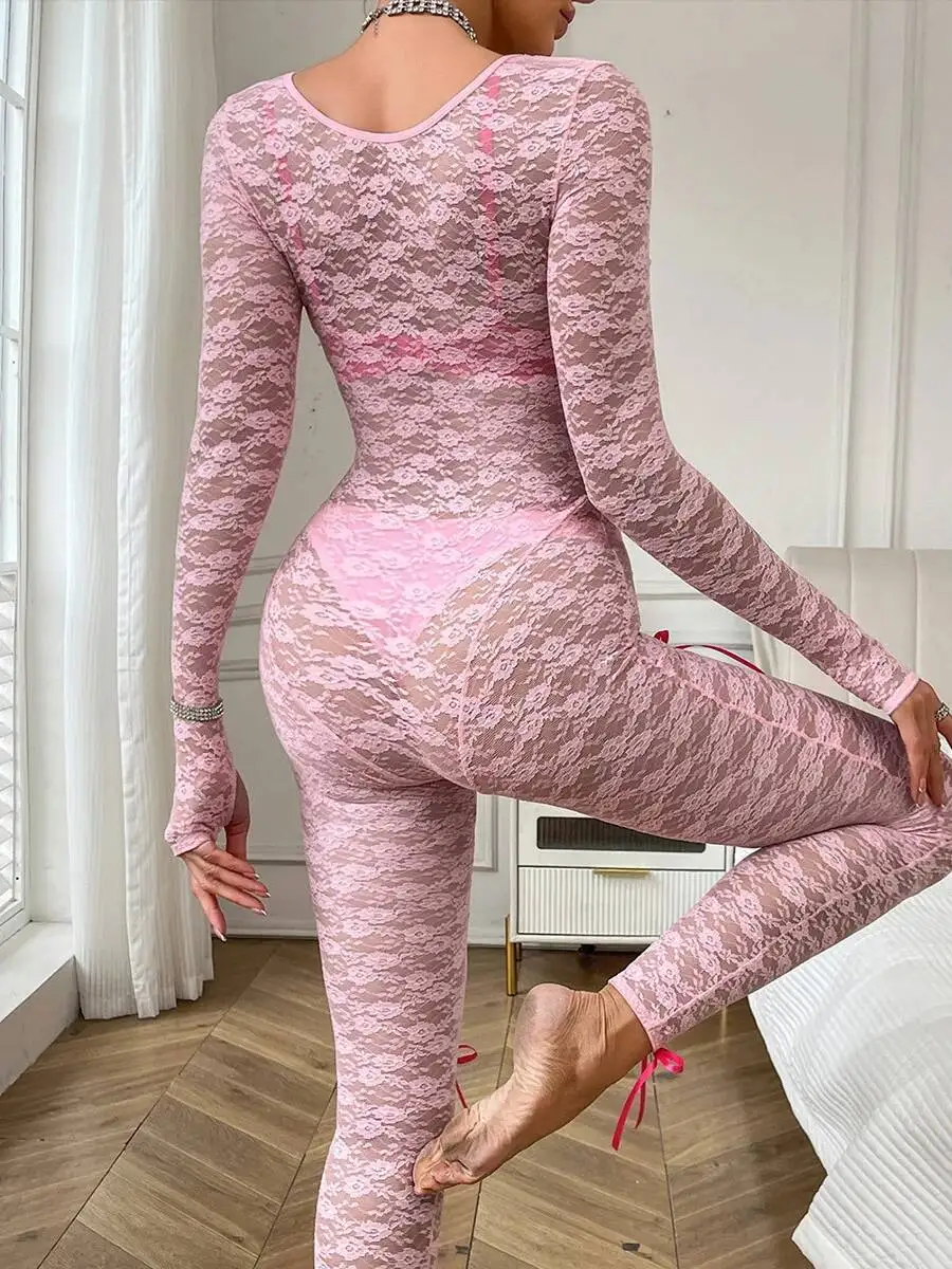2025 New Sexy Transparent Hollow High Waist Jacquard Tight Long Sleeve Lace Jumpsuit Pure Desire Homewear For Woman Elegant NJAX