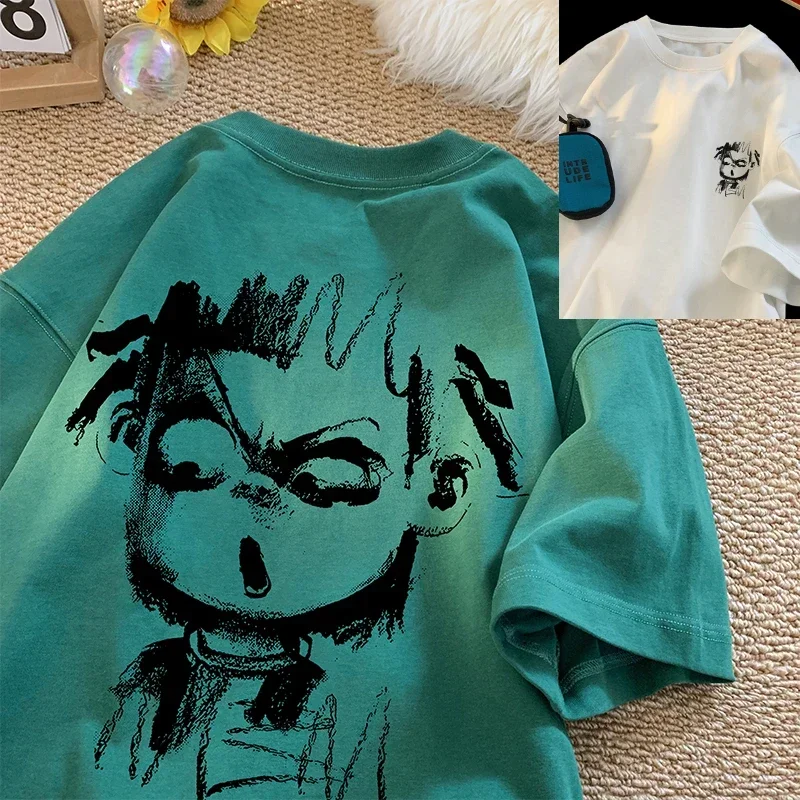 여름 프린트 반팔 티셔츠 남성 여름 트렌디 브랜드 신상 반팔 청소년 라운드넥 루즈핏 티셔츠 반팔