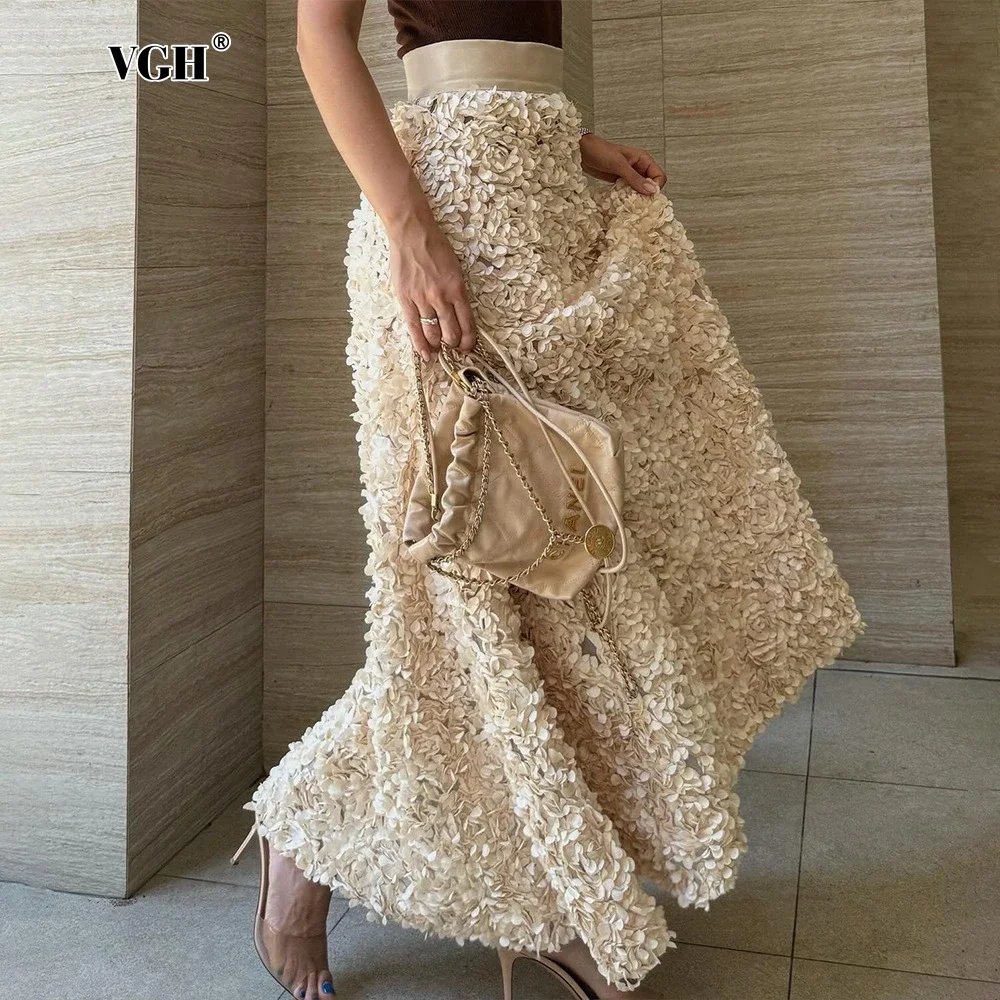 VGH Elegant Patchwork Appliques Skirts For Women High Wiast Soild Streetwear Temperament A Line Skirt Female Fashion Clothing