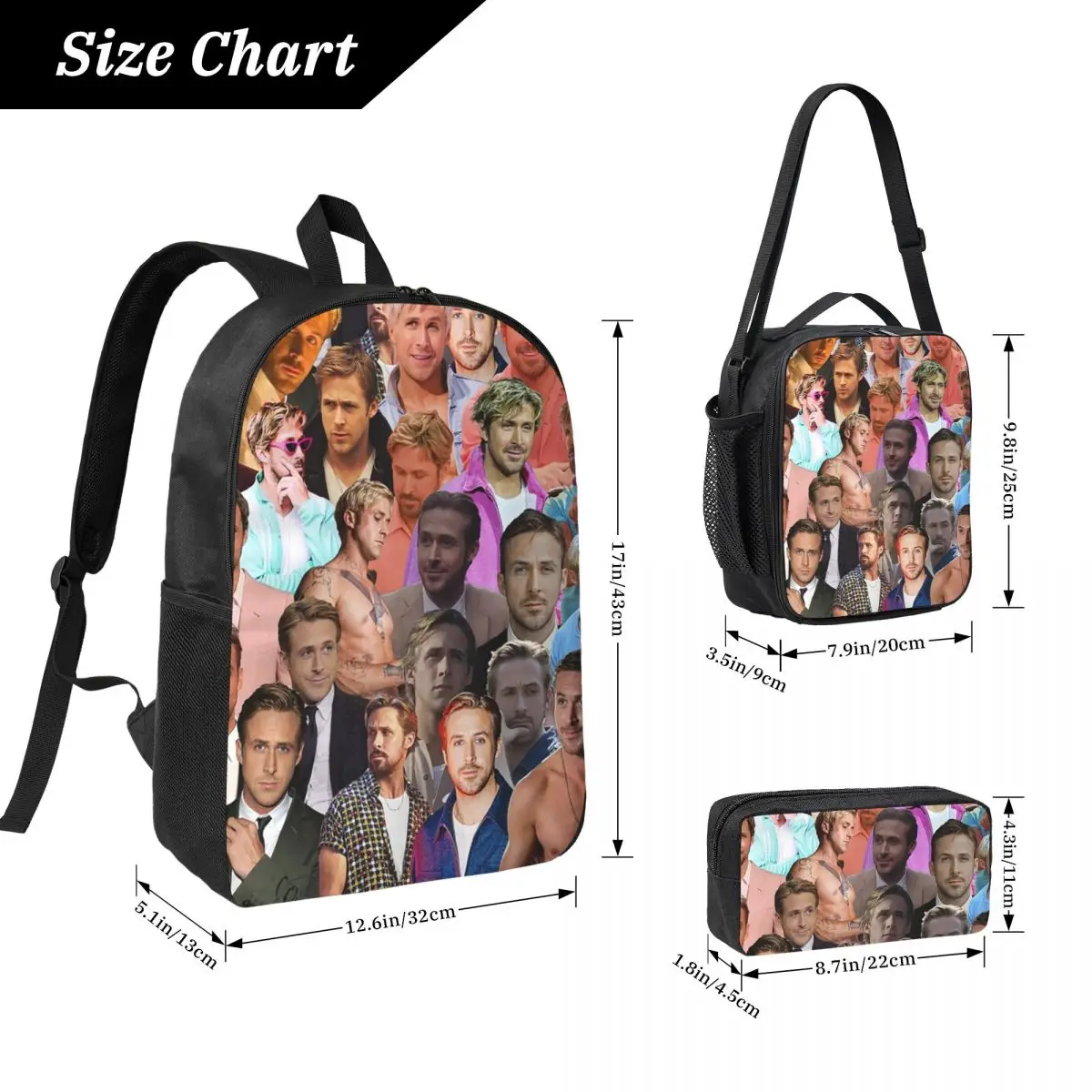 Ryan Gosling Photo Collage Backpack Boys Girls BookBag School Bag Laptop Shoulder Bags 3ps Insulated Lunch Bag Pencil Case