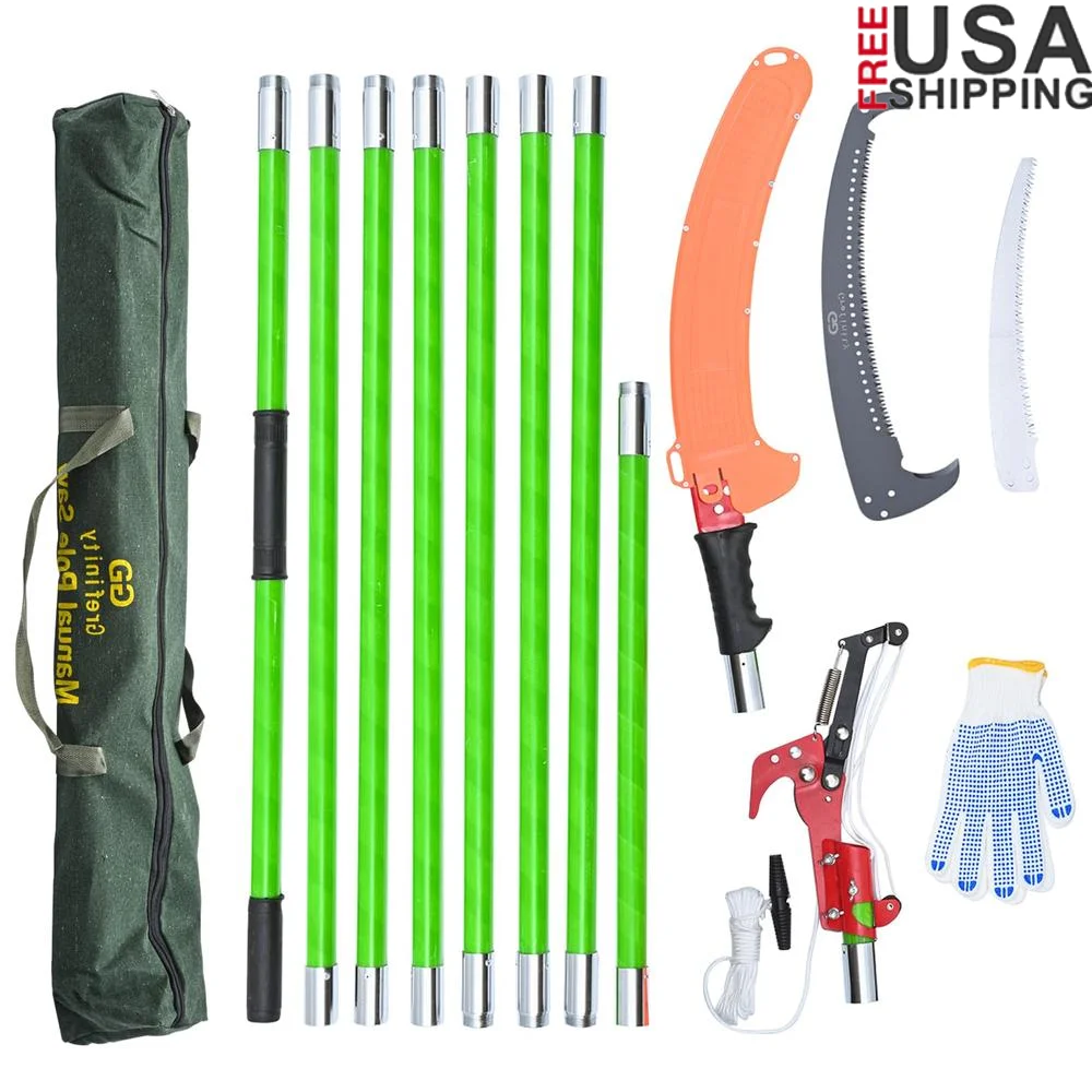 27FT Manual Pole Saw Tree Branch Trimmer with 8-Section Fiberglass Handle Sharp Steel Blade and Scissors Lightweight Extendable