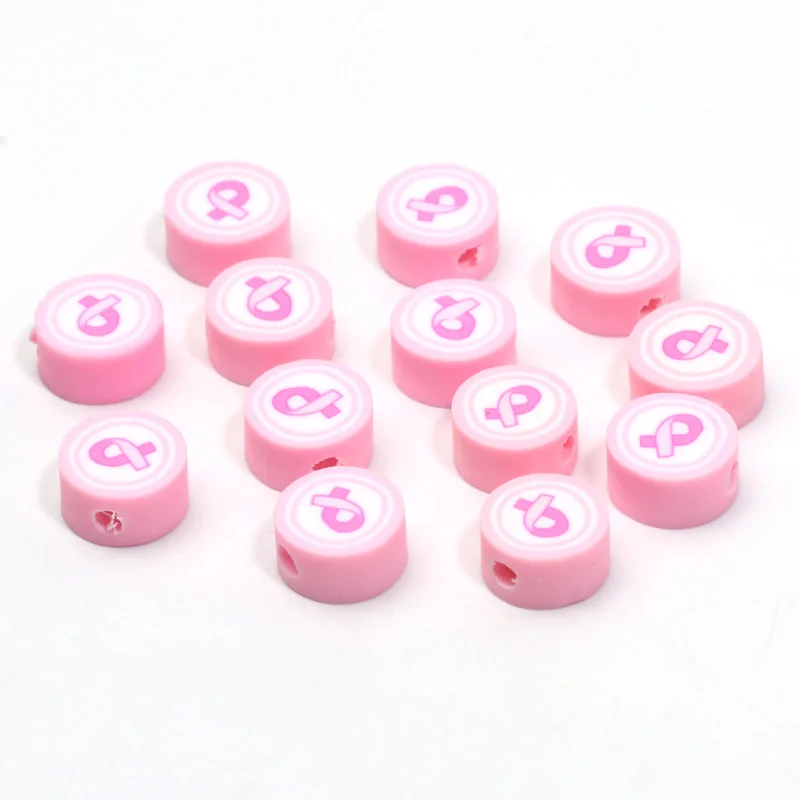 20/50pcs 9mm Pink Ribbon Pattern Polymer Clay Beads Spacer Beads for Jewelry Making DIY Handmade Bracelet Necklace Accessories