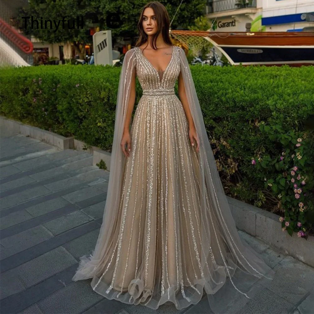 Thinyfull-vestidos de lantejoulas, linha, decote V brilhante, longo, vestido de baile formal, Dubai, festa de casamento, luxo, 2023