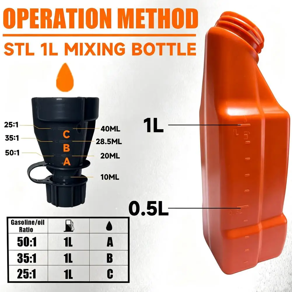 Botella mezcladora de aceite combustible de 1 litro para herramientas de jardinería de 2 tiempos, motosierra, desbrozadora, proporción de gasolina 25:1 50:1, jarra medidora.