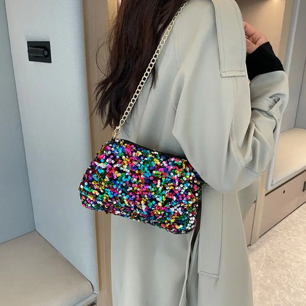 Sequins Crossbody Chain Bag Simple INS Solid Color Sequins Shoulder Bag Underarm Bag Phone Purse Evening Clutch Girl Bag