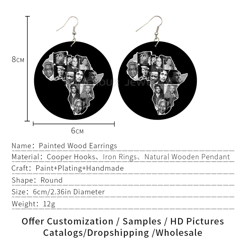 SOMEHOUR Black History Paint African Roots Wood Drop Earrings Great Woman Michelle Obama Mandela Heros Loop Dangle Jewelry Gifts