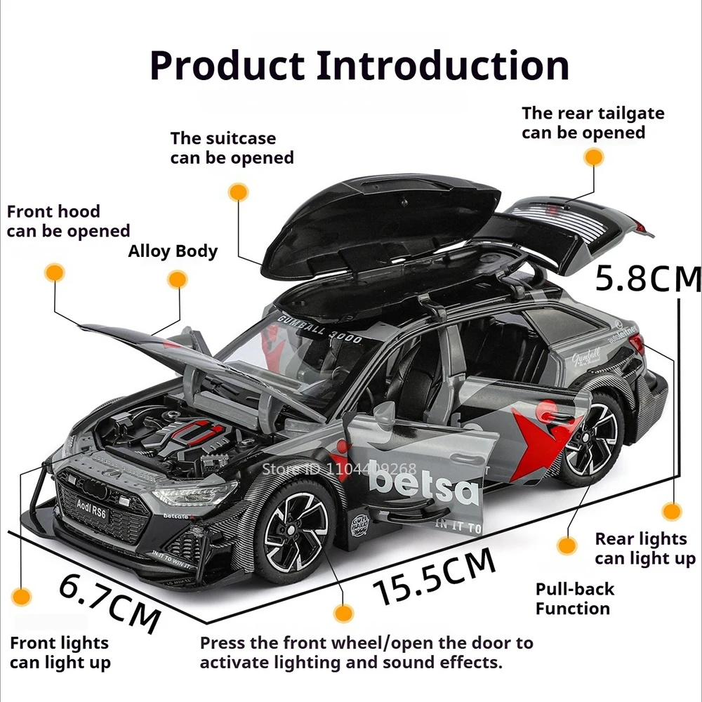 1:32 Scale RS6 SRT Tomahawk Car Model Toy Alloy Diecast Sound Light Pull Back Track Edition Models Presents for Boyfriend