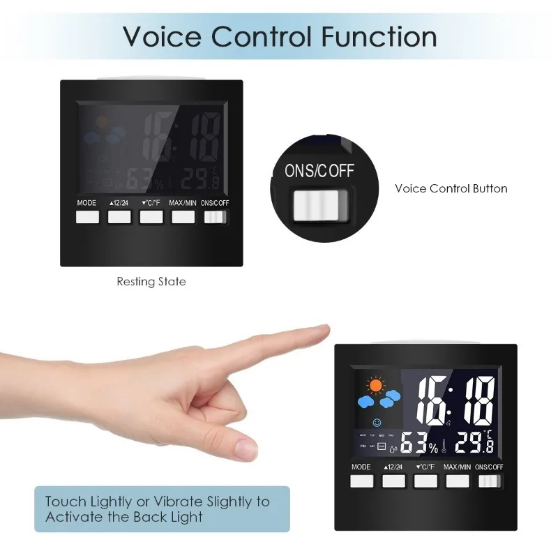 Station de prévision météo multifonctionnelle avec écran LCD, température intérieure, moniteur d'humidité, réveil, calendrier, commande vocale