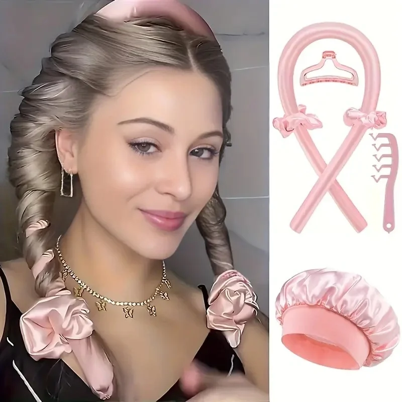 

6Pcs Women No-Heat Curly Hair Stick Satin Sleep Cap Set Hair Clip and Ring Comb Sponge Hair Curler Suitable for All Hair Types