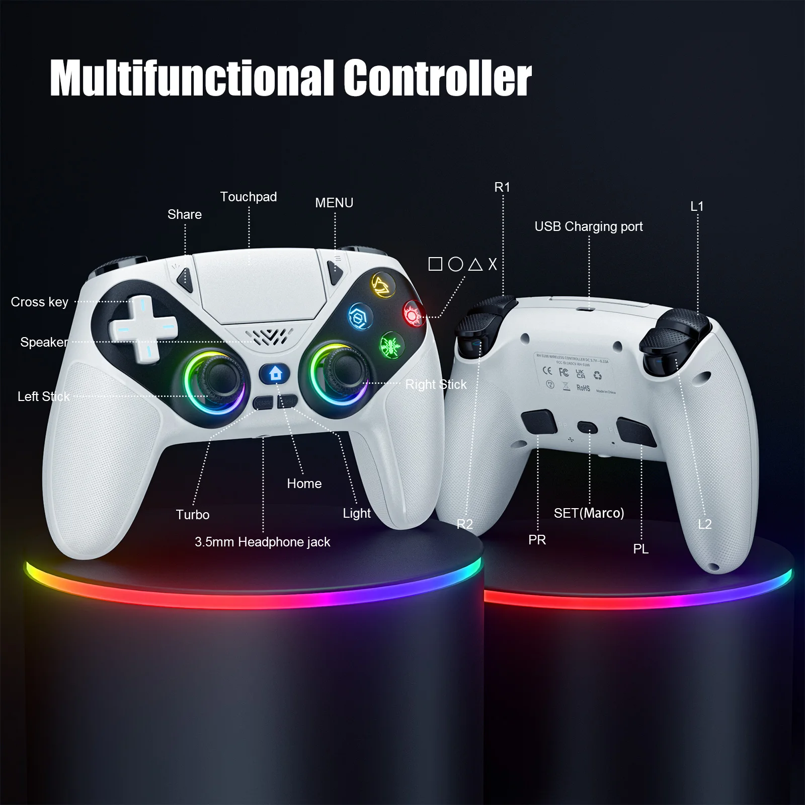 Pengontrol untuk Gamepad PS5/PC, Joystick Game dengan Lampu RGB, Trigger Efek Hall, Turbo, Getaran, Tombol Sentuh yang Dapat Diprogram