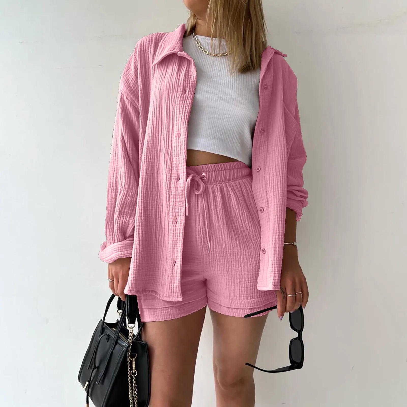 

Summer Women's Suit Shirt And Short Sets Solid Color Casual Cardigan Blouse And Shorts Two Piece Sets Women Outfit 2024 New