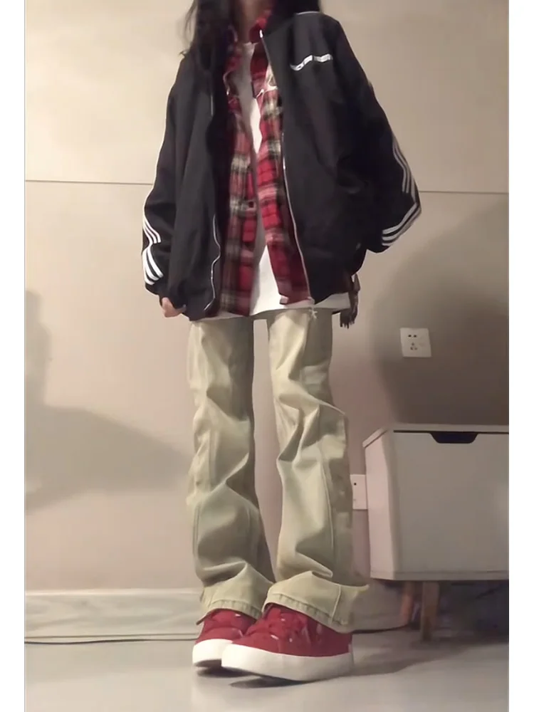 

High Waist American High Street Vibe Denim Pants Women's Spring Autumn Loose Wide Leg Pants Design Sense Splicing