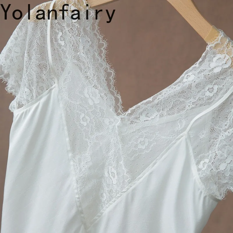 YOLANFAIRY Lace Spliced Fake Two Piece Blouse for Women 92% Mulberry Silk Jacquard Satin Short Sleeve Tee Shirt Elegant Top