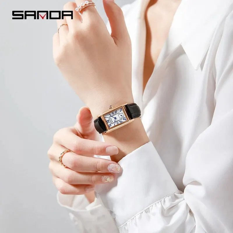 SANDA 1116 New Fashion 2024 Elegant Design Rectangle Dial Water Resistant Quartz Movement Business Women Analog Wrist Watch