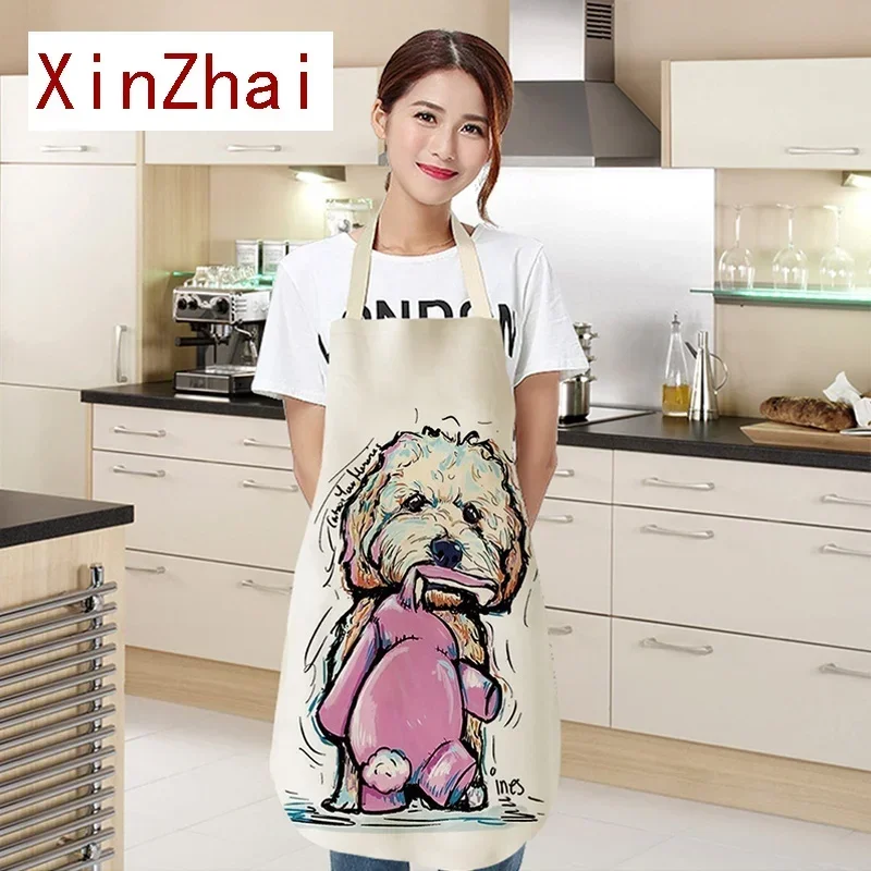 Men Women Dog Printed Cotton Linen Sleeveless Kitchen Home Hogar Aprons Pinafore Home Cleaning Tools 68x55cm/47x38cm Delantal