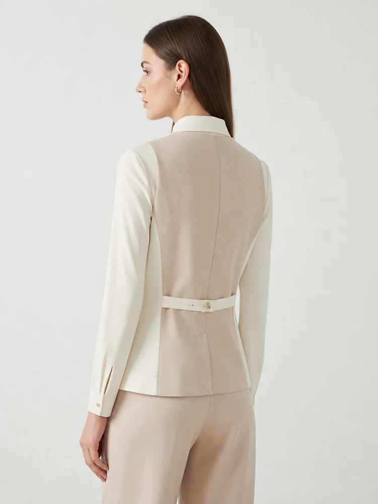 K2548W Damen Ärmellose Weste aus Wollmischung mit V-Ausschnitt und Knopfleiste, tailliert, für Büro, als Layering-Oberteil – Detail 6