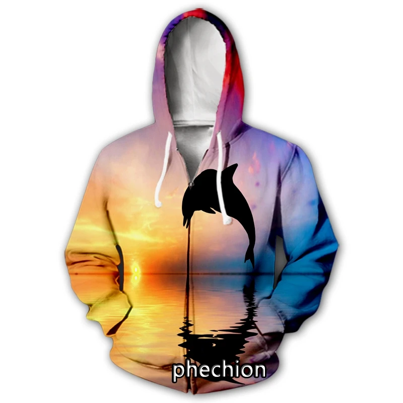 

phechion New Men/Women Sunset Dolphin 3D Print Casual Zipper Hoodies Fashion Coat Hip Hop Clothing Tops Sports Zip Hooded B93