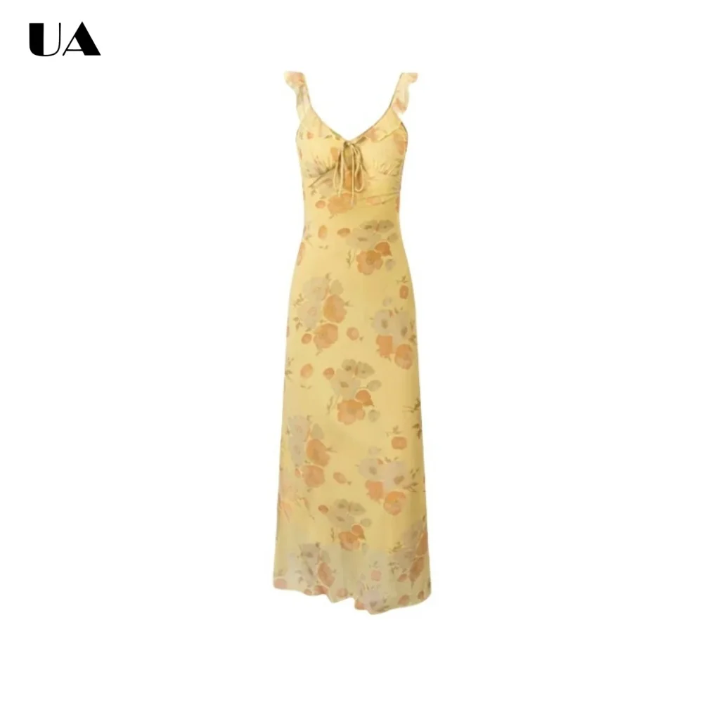 

Fashionable Printed Lace-up Ruffled Midi Dress, Vacation Style Sleeveless Long Dresses for Women, Trendy V-neck Zipped Dress