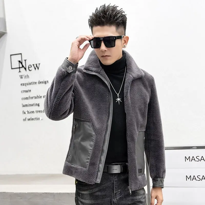 

2023 Winter New Men's Fashion Sheep Shearing Coats Male Lapel Genuine Fut Jackets Men Short Real Lambswool Warm Overcoats I491