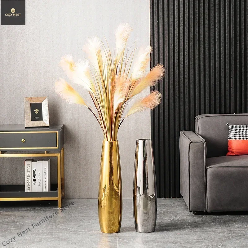 Modern Ceramic Vase for Living Room Gold Electroplating Floor-standing Flower Vase Simple High-end Household Vases for Room