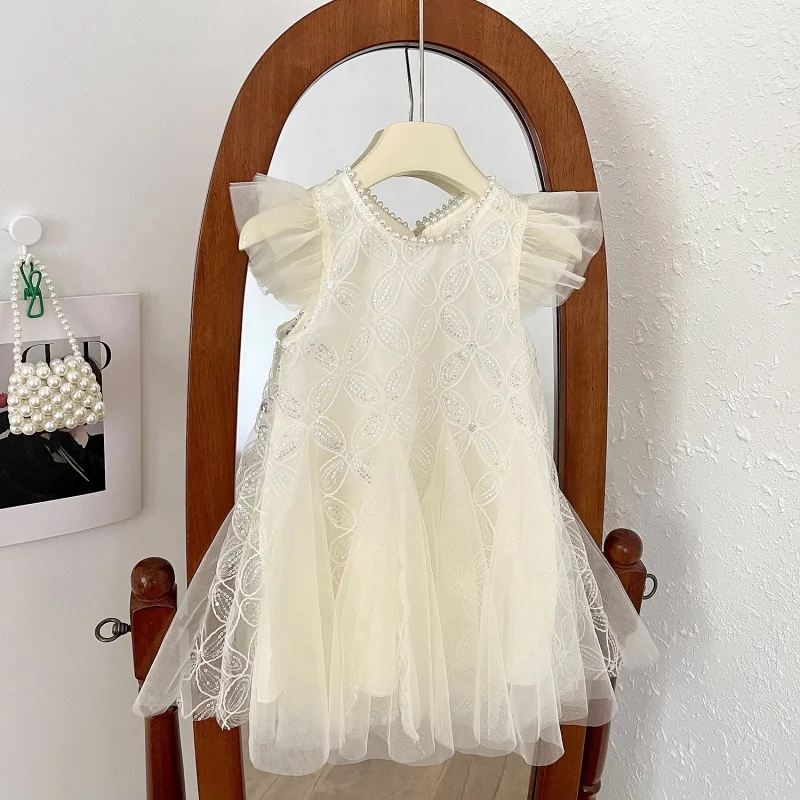 Vestido de princesa de malla de encaje para niña, vestido sin mangas con cuentas, 23256, novedad de verano 2024