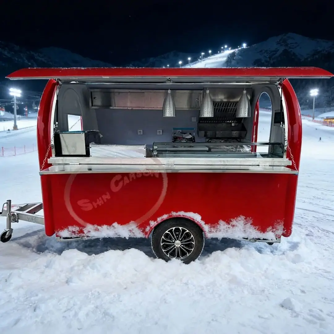 

Red Mobile Kitchen Truck Catering Food Trailer with Stainless Steel Counter Ventilation System Street Food Vending Cart