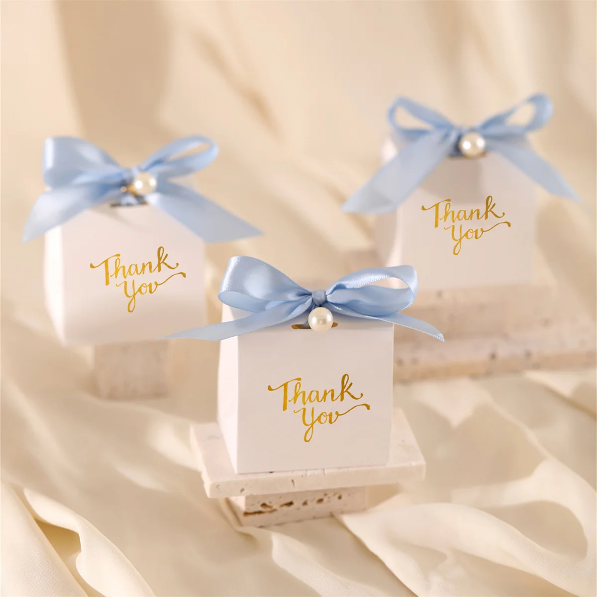 10pcs Paper Gift Boxes with Golden 'Thank You' Labels, Including Ribbons and Beads - Perfect for Birthdays, Weddings