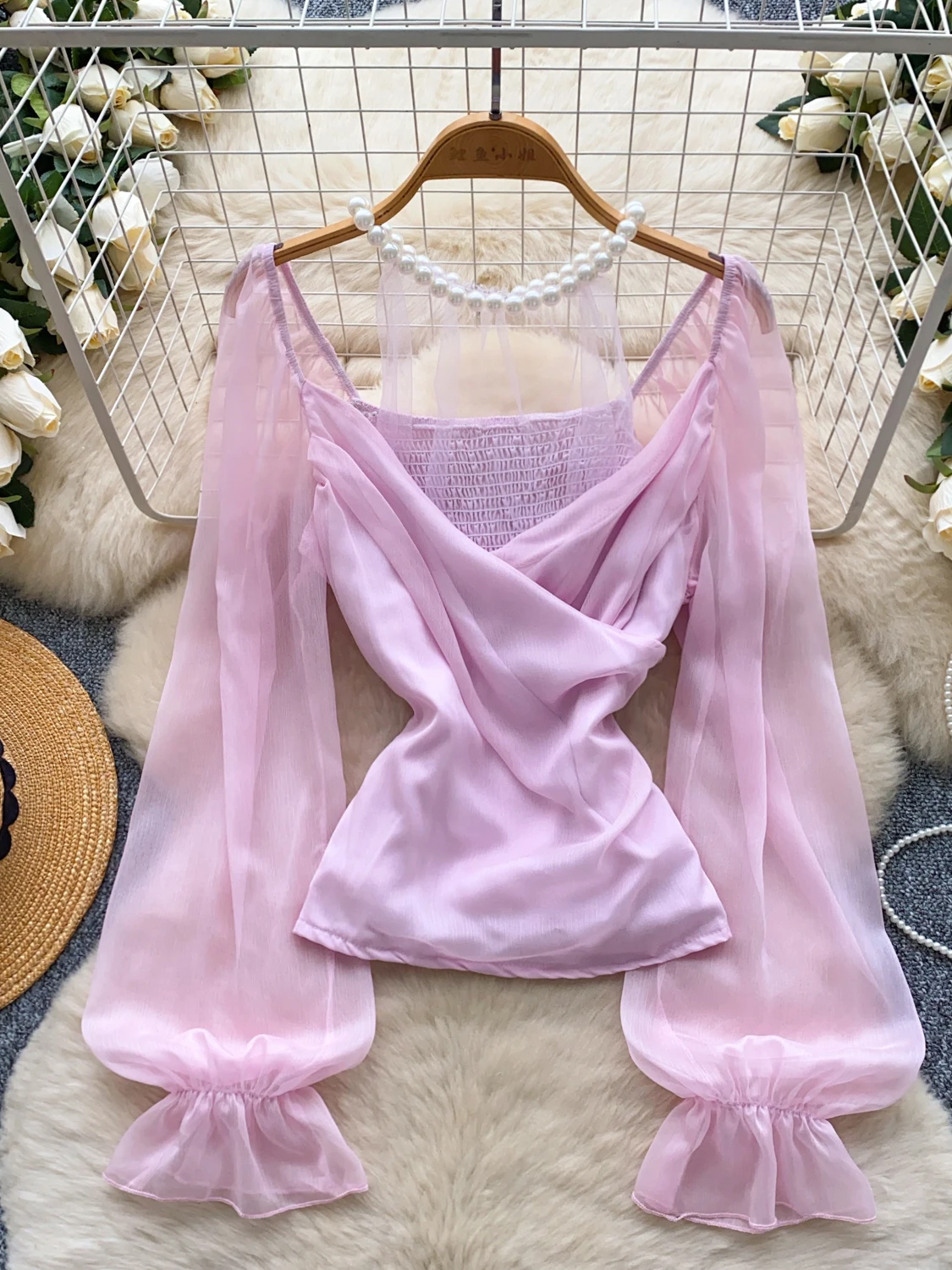 

Women's Beaded Neck Hang Mesh Patchwork Shirts V-neck Slimfit All Match Chiffon Blouse Summer Loose Commuting Long Sleeves