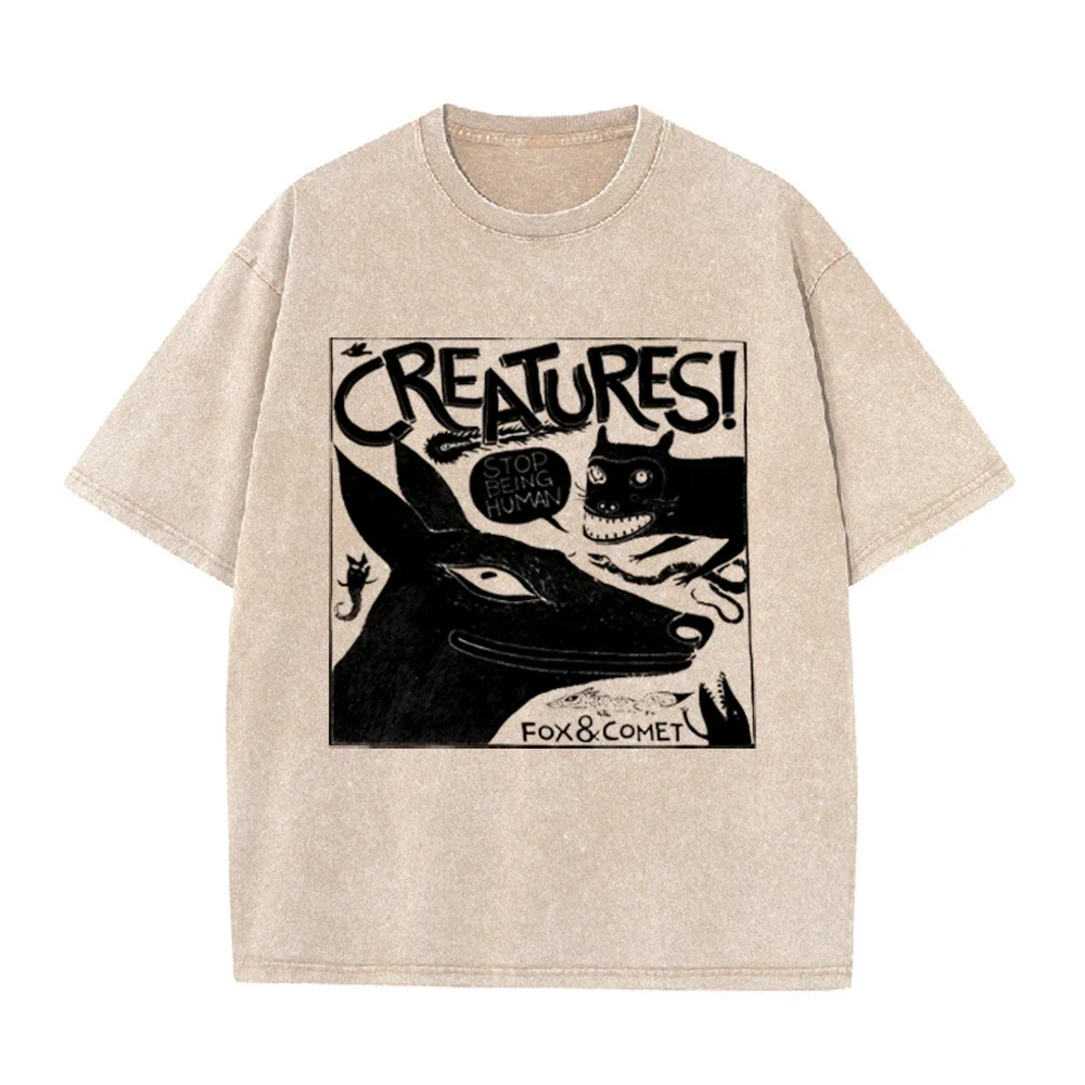 2026 Vintage Washed Beige Dark Weird Creature Graphic T Shirt Retro Black Ink Monster Art Print Oversized Casual Short Sleeve Te