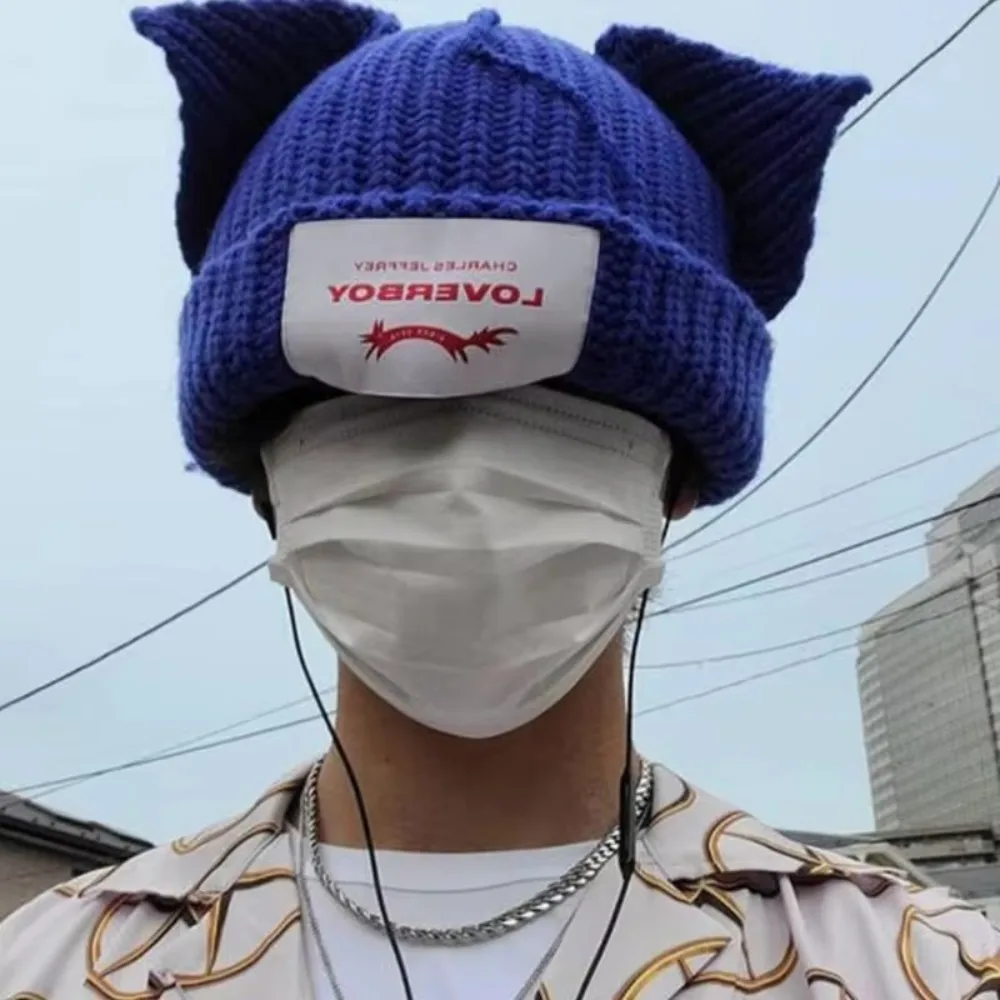 

Cute Double-layer Loverboy Cat Ear Knit Hat Warm Hooded Cap Pig Ear Woolen Hat Niche Design Hip-hop Personality Cold Hat Unisex