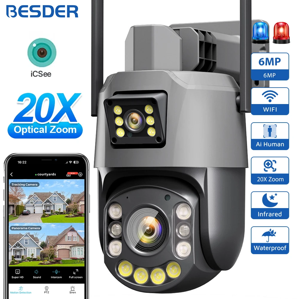 BESDER 6MP Wifi IP Camera PTZ Outdoor Dual Screen 20X Optical Zoom Human Detection Security Protection CCTV Surveillance Camera