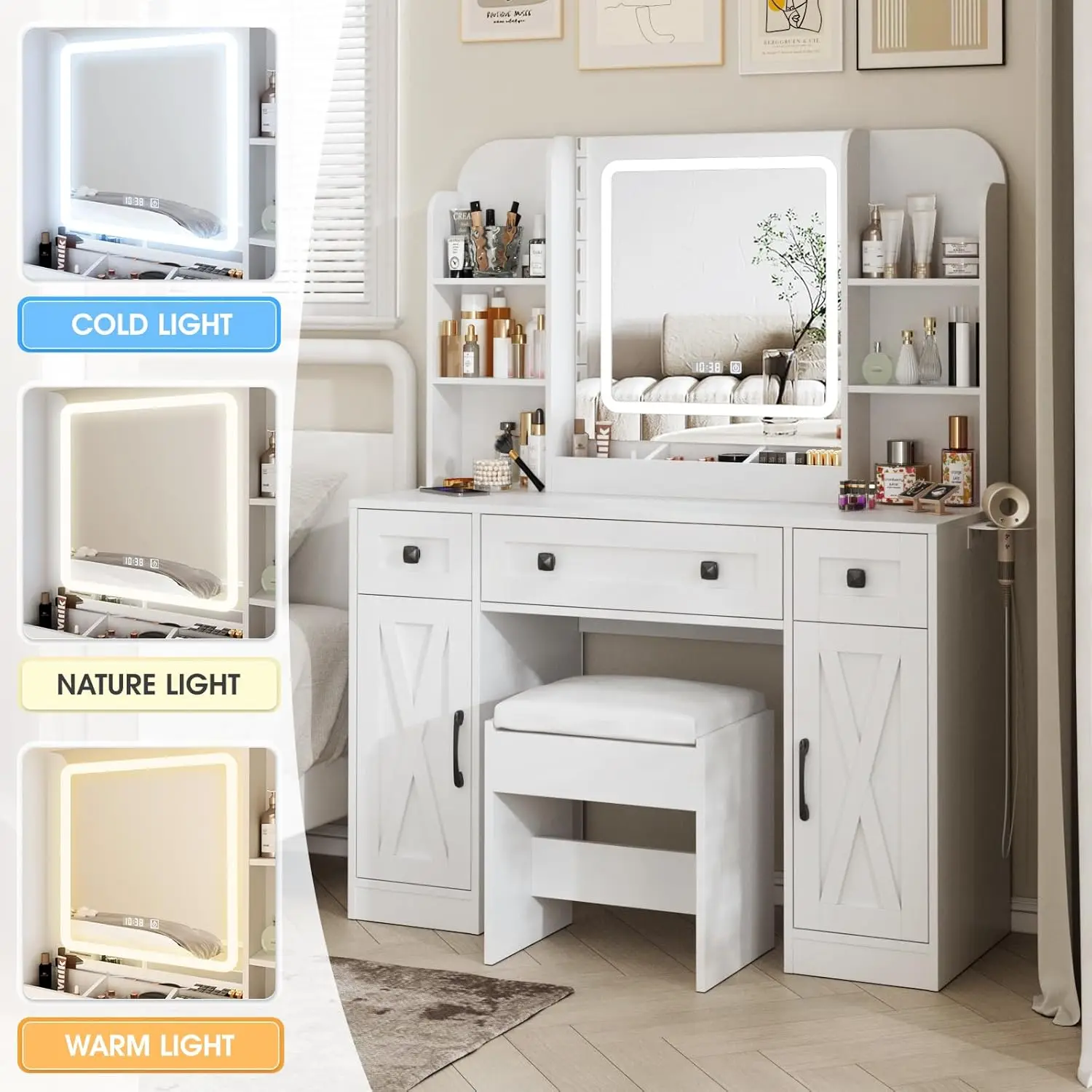 LED 조명이 있는 화장대, 서랍 3개, 캐비닛 2개, 조명 조절 가능, 흰색