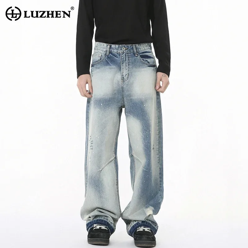 LUZHEN Original Gradient Color Design Washed Straight Jeans Men Stylish 2025 New Street Wide Leg Denim Pants Male Clothes LZ9878