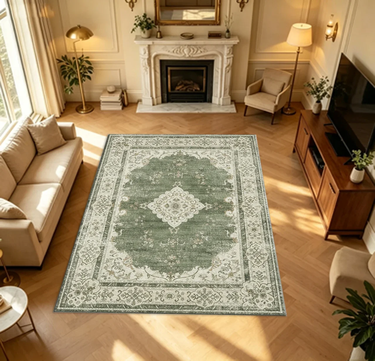 Vintage Distressed Green Medallion Bohemian Rug Carpet Flooring Living Room